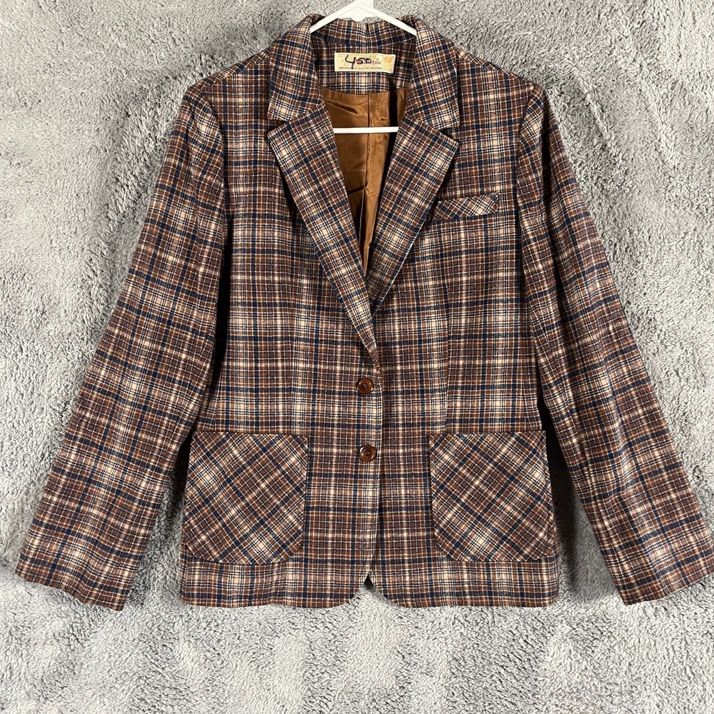 Vtg Pendleton Blazer Jacket Womens 13/14 Brown Virgin Wool Tartan Plaid Formal